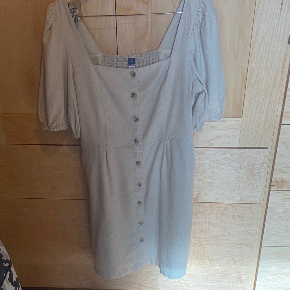 Old Navy Beige Button-Front Puff Sleeve Linen Summer Dress - Size Large